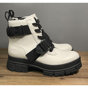 Ugg Women's Ashton Lace Up Boots Size 5.5 White Leather Black Zip Chunky Lug